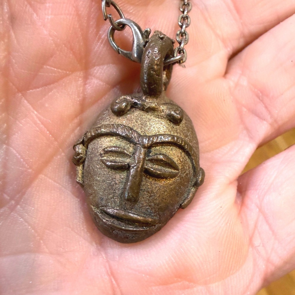 Vintage Bronze African Mask Pendant Necklace Hand Cast Tribal Face Art Jewelry